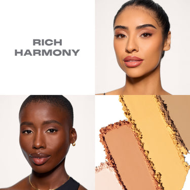 {Rich Harmony} Morphe  Bake & Set Loose Powder Quad in Rich Harmony shade. Showing on two models with warm and deep skin tones, with product swatches in golden yellow, warm terracotta, and taupe brown