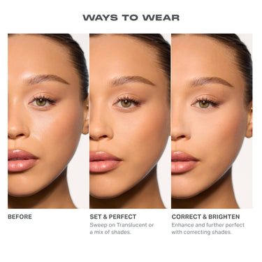 {Bright Balance} Morphe Bake & loose powder quad showing ways to wear tutorial showing model before, after setting with translucent shade, and after color-correcting for a brightened complexion