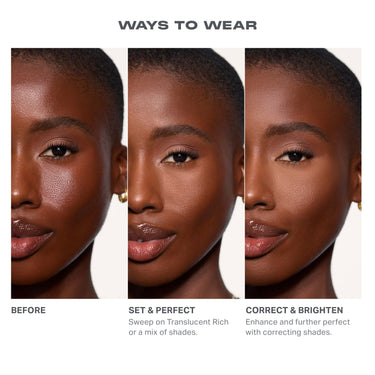 {Rich Harmony} Morphe Bake & Set Loose Power Quad ways to wear tutorial on model with deep skin tone showing before, after setting with Translucent Rich shade, and after color-correcting for a brightened complexion