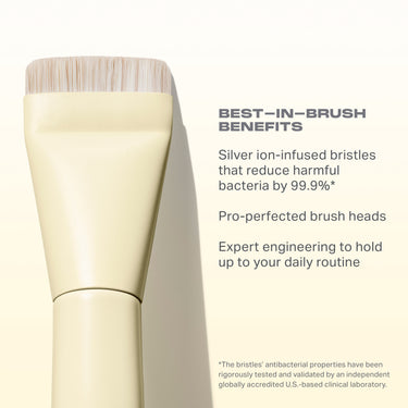 Buttery Blends M104 Domed Foundation Brush benefits infographic: BEST-IN-BRUSH BENEFITS — Silver ion-infused bristles that reduce harmful bacteria by 99.9%*, Pro-perfected brush heads, Expert engineering to hold up to your daily routine.