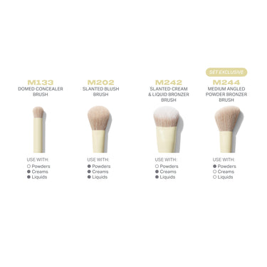 Buttery Blends 4 Piece Face Brush Set infographic showing M133 Domed Concealer Brush, M202 Slanted Blush Brush, M242 Slanted Cream & Liquid Bronzer Brush, and M244 Medium Angled Powder Bronzer Brush (Set Exclusive), each with Use With: Powders, Creams, Liquids indicators.