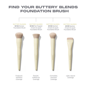 "FIND YOUR BUTTERY BLENDS FOUNDATION BRUSH" comparison infographic showing M104 Domed (Foolproof, seamless coverage), M106 Flat-Topped, M108 Slanted, and M109 Spatula Cream & Liquid Foundation Brushes with cream handles.