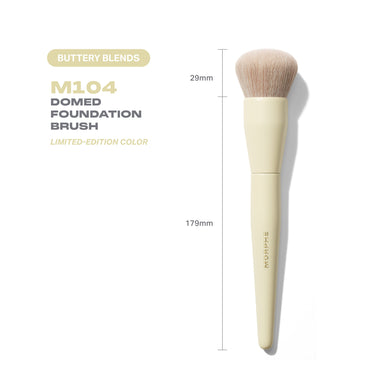 Buttery Blends M104 Domed Foundation Brush specs infographic showing brush dimensions: 29mm bristle head, 179mm handle — Limited-Edition Color, MORPHE handle.