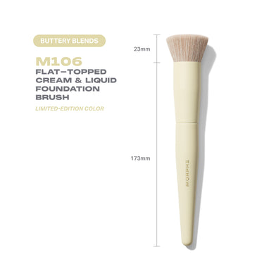 Buttery Blends M106 Flat-Topped Cream & Liquid Foundation Brush specs infographic showing 23mm bristle width and 173mm handle length, Limited-Edition Color.