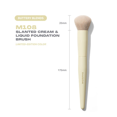 Buttery Blends M108 Slanted Cream & Liquid Foundation Brush specs infographic showing 25mm bristle head and 175mm handle, LIMITED-EDITION COLOR.