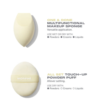 Buttery Blends Tool Duo set description showing ONE & DONE MULTIFUNCTIONAL MAKEUP SPONGE (versatile application, use wet or dry with Powders, Creams, Liquids) and ALL SET TOUCH-UP POWDER PUFF with MORPHE band (allover setting, use dry with Powders).