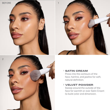 Morphe Cheek Thrills Bronzer Duo application: Before, 1 Satin Cream pressed into face contours, 2 Velvet Powder swept around face for warmth.