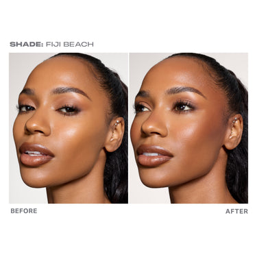 {Fiji Beach} Cheek Thrills Bronze Tone Duos before and after — SHADE: FIJI BEACH — model showing bronzed, sculpted glow.