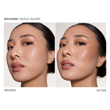 {Maui Surf} Cheek Thrills Bronze Tone Duos before-and-after model shot showing bronzed, sun-kissed glow — SHADE: MAUI SURF, BEFORE, AFTER.