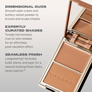 Cheek Thrills Bronze Tone Duos open compact with MORPHE engraved on powder pan beside benefit callouts: DIMENSIONAL DUOS — Smooth satin cream and buttery velvet powder to bronze and sculpt cheeks; EXPERTLY CURATED SHADES — Tonally harmonized, true-to-skin shades for an effortless post-vacation effect; SEAMLESS FINISH — Longwearing* formulas build, blend, and layer for a natural-looking finish that