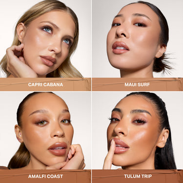 {Capri Cabana} Cheek Thrills Bronze Tone Duos shade collage showing four models wearing CAPRI CABANA, MAUI SURF, AMALFI COAST, and TULUM TRIP.