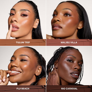 {Malibu Villa} Cheek Thrills Bronze Tone Duos collage showing four models wearing shades TULUM TRIP, MALIBU VILLA, FIJI BEACH, and RIO CARNIVAL.