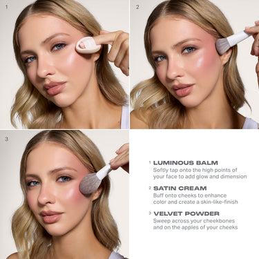 Morphe Cheek Thrills Multi-Finish Face Trio application steps on model: 1 Luminous Balm tap on high points, 2 Satin Cream buff on cheeks, 3 Velvet Powder sweep on cheekbones.
