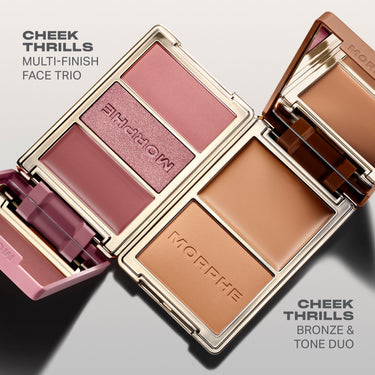 Cheek Thrills Bronze Tone Duos franchise campaign showing two open compacts with embedded text "CHEEK THRILLS MULTI-FINISH FACE TRIO" and "CHEEK THRILLS BRONZE & TONE DUO," both with MORPHE engraved pans.