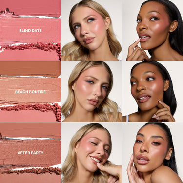 {Blind Date} Cheek Thrills Multi Finish Face Trio collage showing swatches and models for BLIND DATE, BEACH BONFIRE, and AFTER PARTY shades.