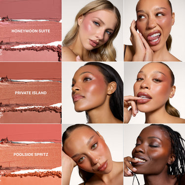 {Honeymoon Suite} Morphe Cheek Thrills Multi Finish Face Trio collage showing HONEYMOON SUITE, PRIVATE ISLAND, and POOLSIDE SPRITZ shades with swatches and model application shots.