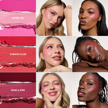{Apres-Ski} Cheek Thrills Multi Finish Face Trio collage showing APRÉS-SKI, CABANA CLUB, and WINE & DINE swatches alongside diverse models wearing each shade.
