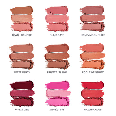 Morphe Cheek Thrills Multi-Finish Face Trio swatches labeled Beach Bonfire, Blind Date, Honeymoon Suite, After Party, Private Island, Poolside Spritz, Wine & Dine, Aprés-Ski, Cabana Club.