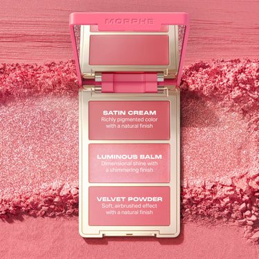 Morphe Cheek Thrills Multi-Finish Face Trio finishes labeled: Satin Cream richly pigmented natural finish, Luminous Balm dimensional shimmering shine, Velvet Powder soft airbrushed natural finish.