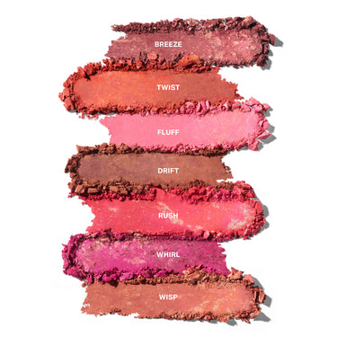 Morphe Cloudlight Soft Glow Diffused Blush crushed powder swatches stacked showing shades Breeze, Twist, Fluff, Drift, Rush, Whirl, and Wisp