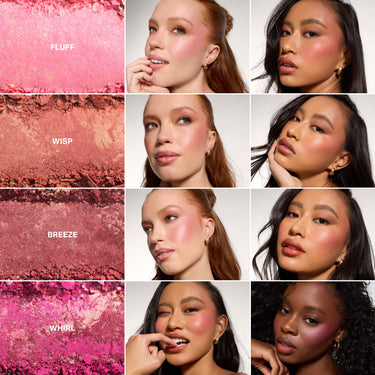 Morphe Cloudlight Soft Glow Diffused Blush shades Twist, Rush, Breeze, and Drift shown as texture swatches and applied on models with light and deep skin tones