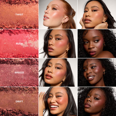 Morphe Cloudlight Soft Glow Diffused Blush shades Twist, Rush, Breeze, and Drift shown as texture swatches and applied on models with light and deep skin tones