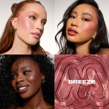 {Breeze} Morphe Cloudlight Soft Glow Diffused Blush in Breeze shown as a macro texture close-up and applied on model cheeks