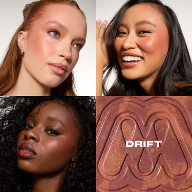 {Drift} Morphe Cloudlight Soft Glow Diffused Blush in Drift shown as a macro texture close-up and applied on model cheeks