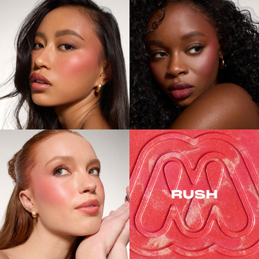 {Rush} Morphe Cloudlight Soft Glow Diffused Blush in Rush shown as a macro texture close-up and applied on model cheeks