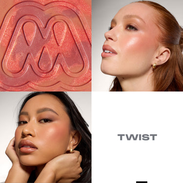 {Twist} Morphe Cloudlight Soft Glow Diffused Blush in Twist shown as a macro texture close-up and applied on model cheeks
