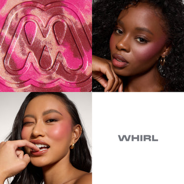 {Whirl} Morphe Cloudlight Soft Glow Diffused Blush in Whirl shown as a macro texture close-up and applied on model cheeks