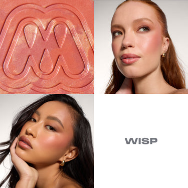 {Wisp} Morphe Cloudlight Soft Glow Diffused Blush in Wisp shown as a macro texture close-up and applied on model cheeks