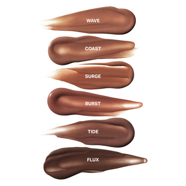 Liquid texture swatches of Morphe Peptide Bronzer Serum in six shades, from light golden Wave to deep chocolate Flux