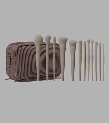 brown travel bag and coffee inspired brush set called Custom Blends 12 Pc Brush Collection