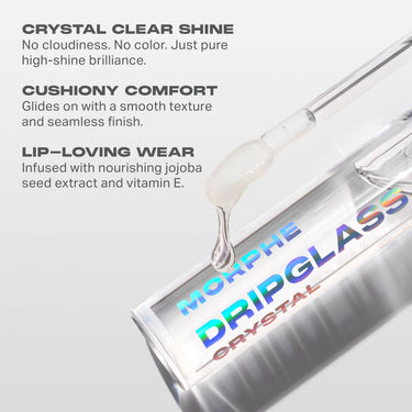 Morphe Dripglass Crystal Super Shine Lip Gloss infographic highlighting crystal clear shine, cushiony comfort, and jojoba seed extract with vitamin E for lip-loving wear.