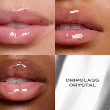 Four-panel collage of lips before and after applying Morphe Dripglass Crystal Super Shine Lip Gloss, showing glassy, high-shine clear finish across different lip tones.