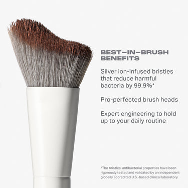 Morphe brush bristles close-up with text: Best-In-Brush Benefits, silver ion-infused bristles reduce bacteria 99.9%, pro-perfected heads.