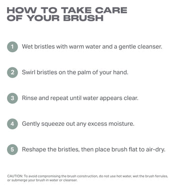 M100 Dual Ended Foundation & Concealer Brush care guide: HOW TO TAKE CARE OF YOUR BRUSH — 1 Wet bristles with warm water and a gentle cleanser. 2 Swirl bristles on the palm of your hand. 3 Rinse and repeat until water appears clear. 4 Gently squeeze out any excess moisture. 5 Reshape the bristles, then place brush flat to air-dry. CAUTION: To avoid compromising the brush construction, do not use hot water, wet the brush ferrules, or submerge your brush in water or cleanser.