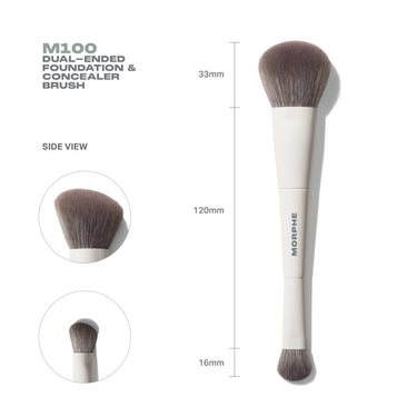 M100 Dual-Ended Foundation & Concealer Brush specs diagram showing MORPHE handle with side view callouts and measurements: 33mm foundation head, 120mm handle, 16mm concealer tip.