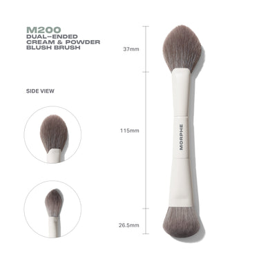 Morphe M200 Dual-Ended Cream & Powder Blush Brush specs showing full brush with MORPHE handle, side views of both ends, and measurements: 37mm top head, 115mm handle, 26.5mm bottom head.