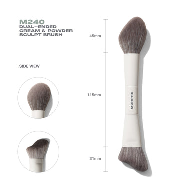 Morphe M240 Dual-Ended Cream & Powder Sculpt Brush specs sheet showing side view close-ups and handle dimensions: 45mm top bristles, 115mm handle, 31mm angled end.