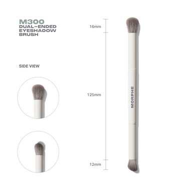 M300 Dual-Ended Eyeshadow Brush specs diagram showing MORPHE handle, side view of both brush ends, and measurements: 16mm top head, 125mm handle, 12mm bottom head.