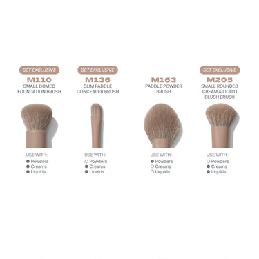 Morphe Custom Blends Iced Mocha set includes M110 Small Domed Foundation Brush, M136 Slim Paddle Concealer Brush, M163 Paddle Powder Brush, and M205 Small Rounded Cream & Liquid Blush Brush