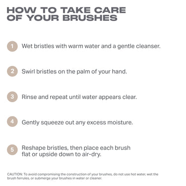 Morphe Iced Oat Latte brush care instructions: wet bristles with warm water and cleanser, swirl on palm, rinse until clear, squeeze out moisture, reshape and air-dry flat or upside down