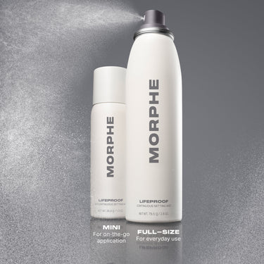 Morphe Lifeproof 16 Hr Wear Continuous Setting Mist in two sizes: MINI (net wt. 35.8 g / 1.3 oz) For on-the-go application, and FULL-SIZE (net wt. 75.5 g / 2.6 oz) For everyday use.