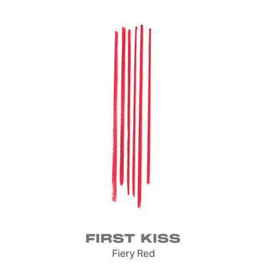 {First Kiss} Soulmatte Filling Gel Lip Liner swatch in FIRST KISS Fiery Red, a coral-red shade, shown as vertical stroke samples.