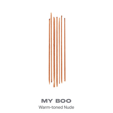 {My Boo} Soulmatte Filling Gel Lip Liner swatch in MY BOO Warm-toned Nude, showing multiple peachy-nude strokes with creamy texture.
