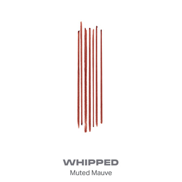 {Whipped} Swatch display of Soulmatte Filling Gel Lip Liner showing vertical line swatches, labeled WHIPPED Muted Mauve, in dusty rose.