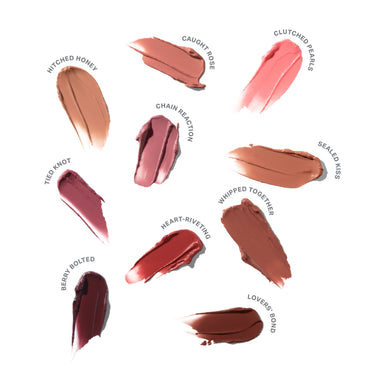 Liplock Glossy Lipstick shade smear swatches: Hitched Honey, Caught Rose, Clutched Pearls, Chain Reaction, Sealed Kiss, Tied Knot, Whipped Together, Heart-Riveting, Berry Bolted, and Lovers Bond.