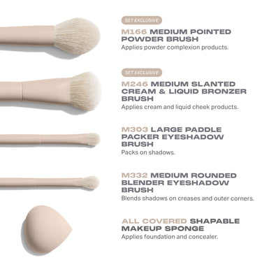 Morphe Custom Blends Iced Oat Latte set includes M166 Powder Brush, M246 Bronzer Brush, M303 Eyeshadow Brush, M332 Blender Brush, and All Covered Makeup Sponge | Oat Latte 5-Piece Face & Eye Brush Set | Secondary image